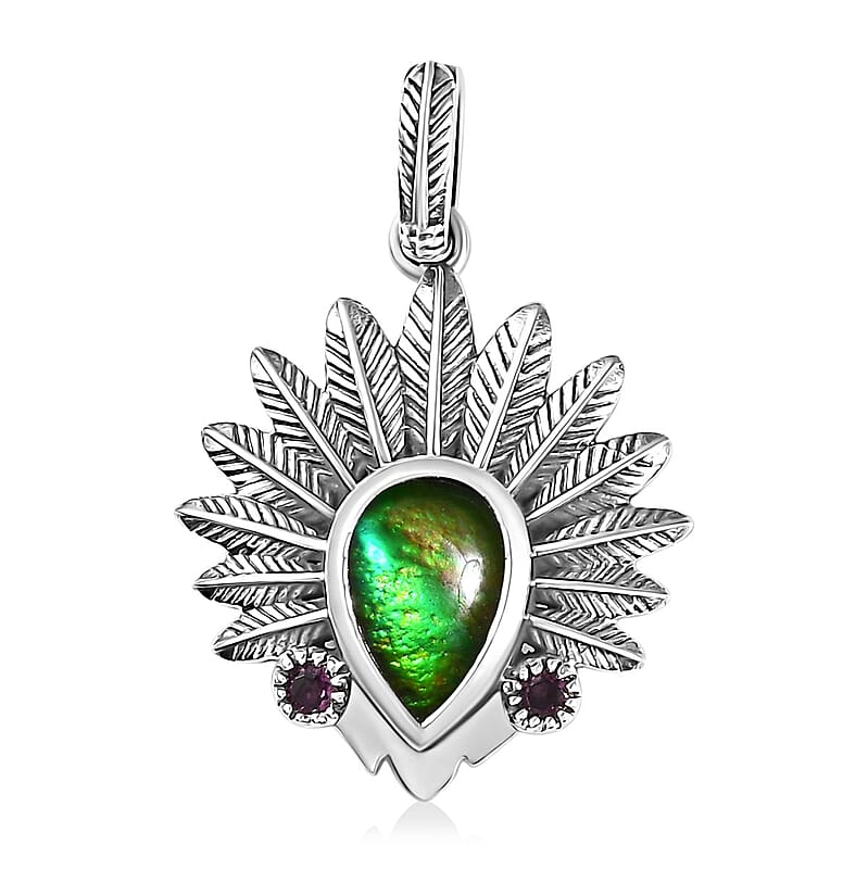 Artisan Crafted Canadian Ammolite and Orissa Rhodolite Garnet Native American Head Pendant in Black Oxidized Sterling Silver 0.15 ctw