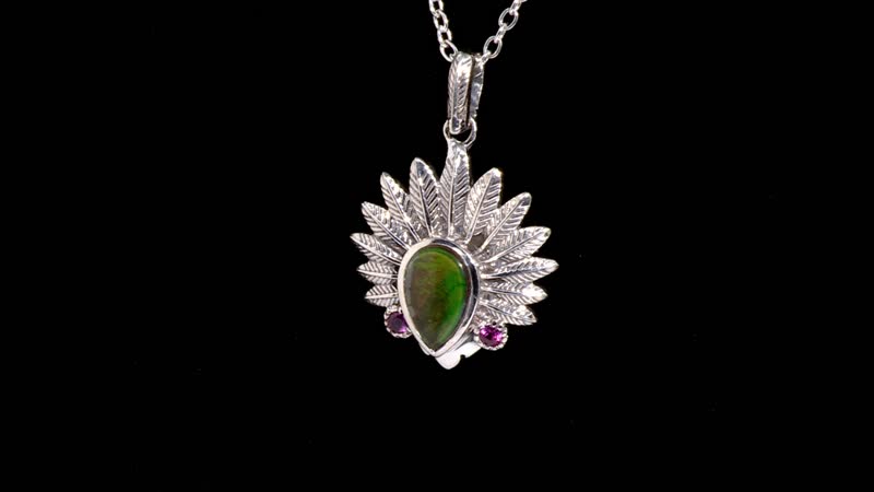 Artisan Crafted Canadian Ammolite and Orissa Rhodolite Garnet Native American Head Pendant in Black Oxidized Sterling Silver 0.15 ctw
