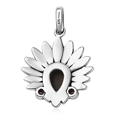 Artisan Crafted Canadian Ammolite and Orissa Rhodolite Garnet Native American Head Pendant in Black Oxidized Sterling Silver 0.15 ctw