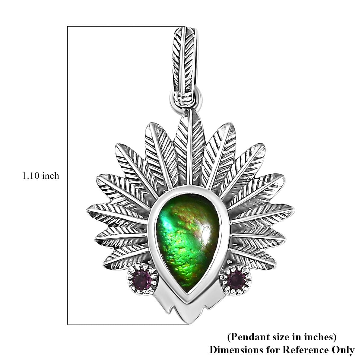 Artisan Crafted Canadian Ammolite and Orissa Rhodolite Garnet Native American Head Pendant in Black Oxidized Sterling Silver 0.15 ctw