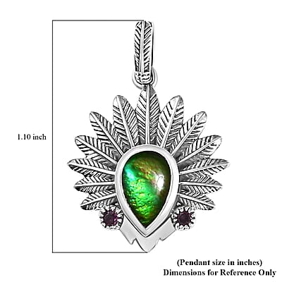 Artisan Crafted Canadian Ammolite and Orissa Rhodolite Garnet Native American Head Pendant in Black Oxidized Sterling Silver 0.15 ctw