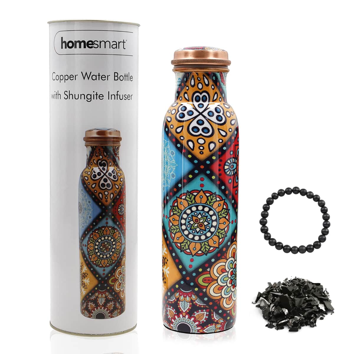 Homesmart Multi Color Mandala Printed Copper Bottle (32 Oz) with Shungite Infuser and Beaded Stretch Bracelet image number 0