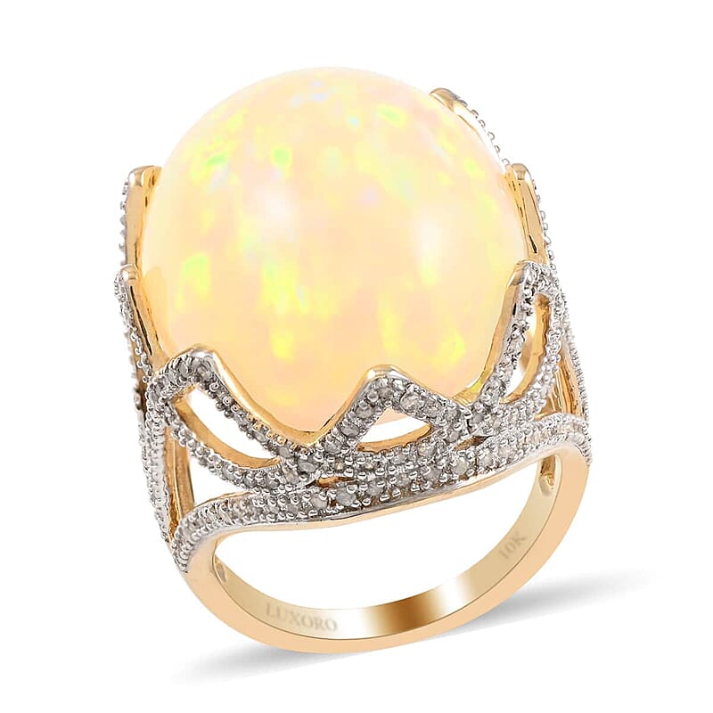 Luxoro 10K Yellow Gold Ethiopian Welo Opal and G-H I3 Diamond Ring (Size 10.0) 7.40 Grams 28.35 ctw