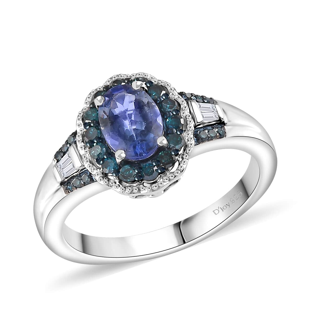 Peacock Tanzanite, Blue and White Diamond 1.00 ctw Halo Ring in Platinum Over Sterling Silver (Size 7.0) image number 0