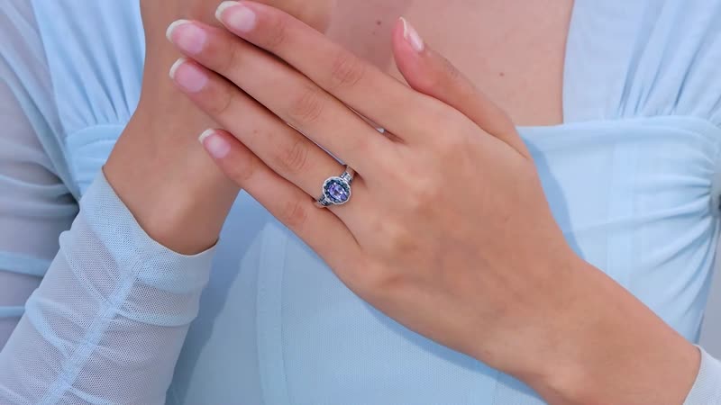 TLV Peacock Tanzanite, Blue Diamond (IR), Diamond Halo Ring in Platinum Over Sterling Silver (Size 7.0) 1.00 ctw