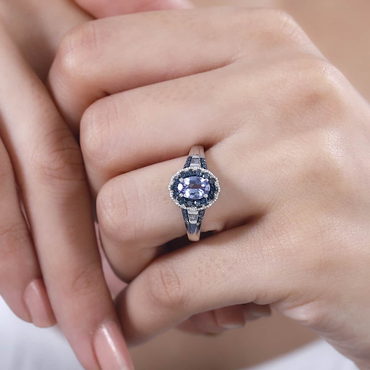 Peacock Tanzanite, Blue and White Diamond 1.00 ctw Halo Ring in Platinum Over Sterling Silver (Size 7.0) image number 2