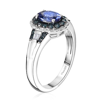 Peacock Tanzanite, Blue and White Diamond 1.00 ctw Halo Ring in Platinum Over Sterling Silver (Size 7.0)