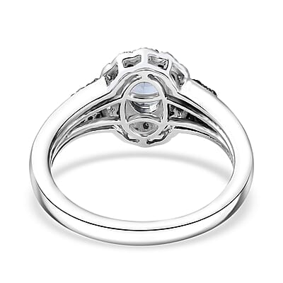 Peacock Tanzanite, Blue and White Diamond 1.00 ctw Halo Ring in Platinum Over Sterling Silver (Size 7.0)
