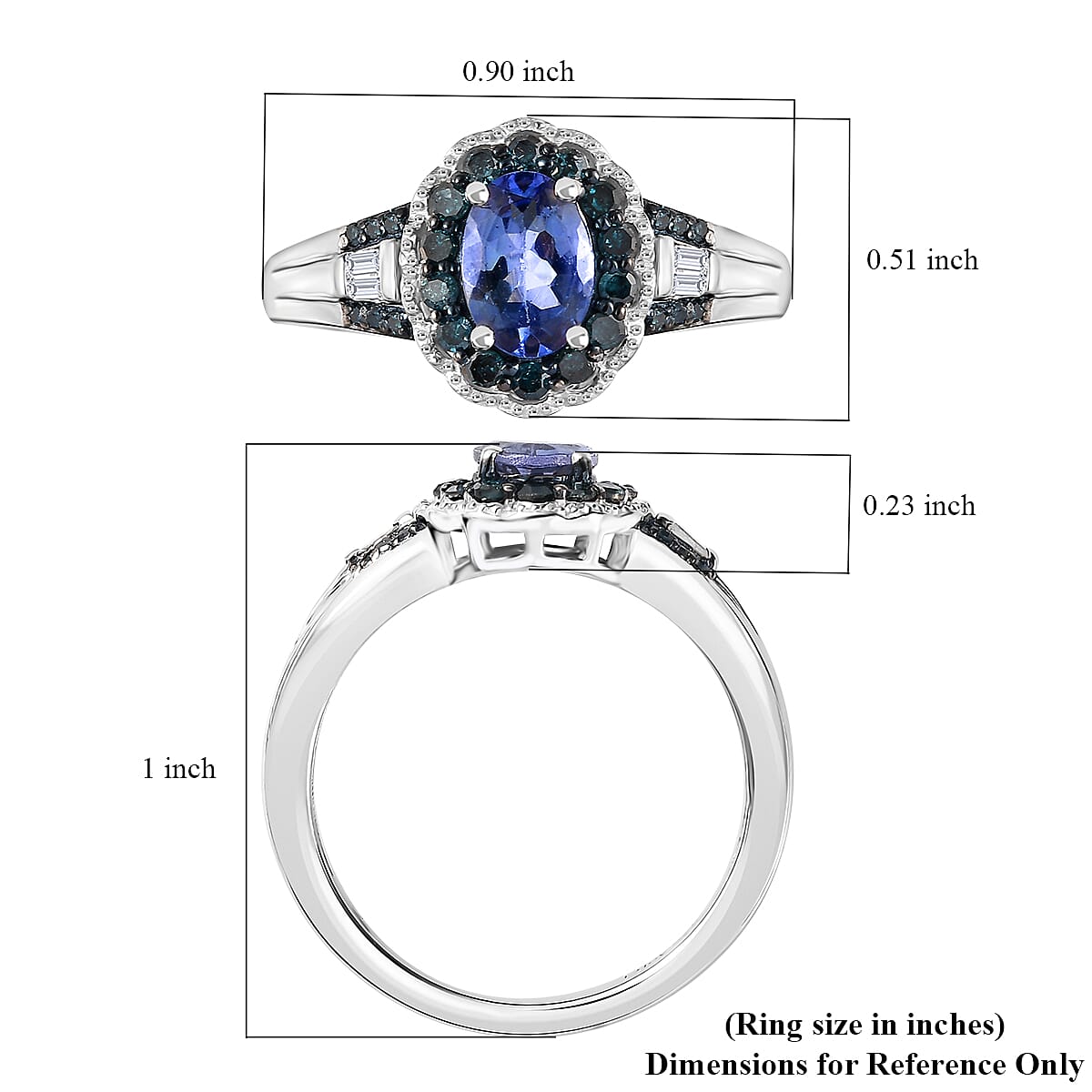 Peacock Tanzanite, Blue and White Diamond 1.00 ctw Halo Ring in Platinum Over Sterling Silver (Size 7.0)