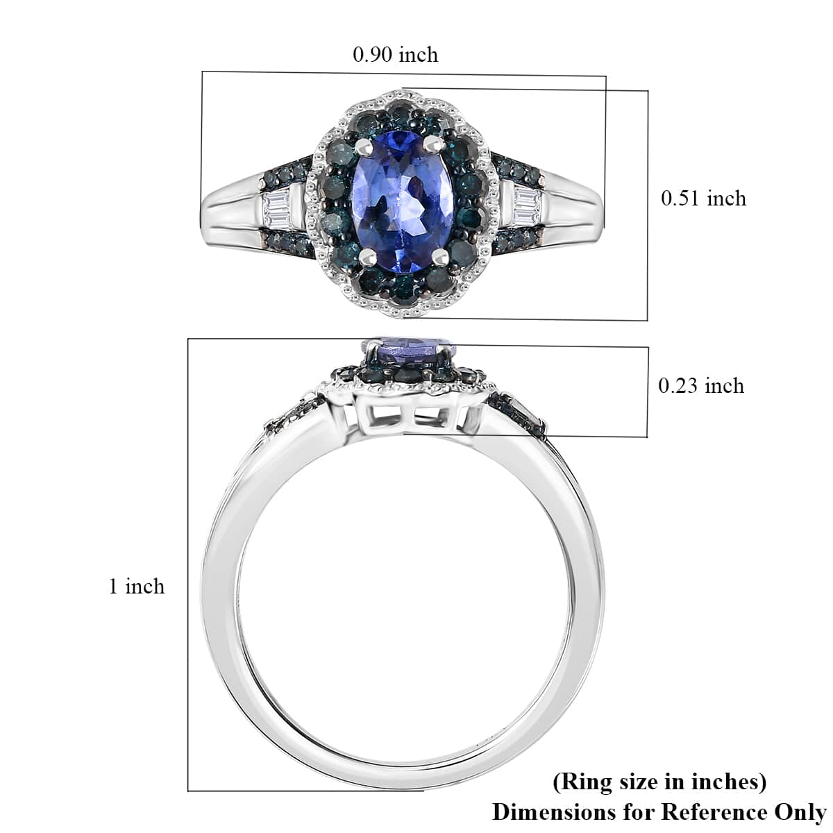 Peacock Tanzanite, Blue and White Diamond 1.00 ctw Halo Ring in Platinum Over Sterling Silver (Size 7.0) image number 5