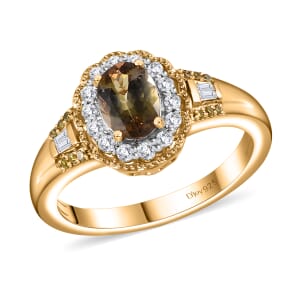 Golden Tanzanite, Yellow and White Diamond 1.00 ctw Halo Ring in 14K Vermeil Yellow Gold Over Sterling Silver (Size 7.0)