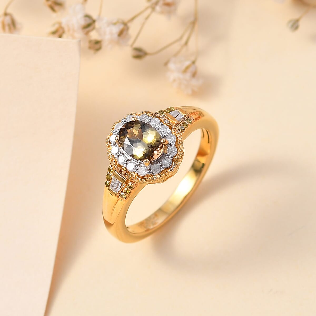 Golden Tanzanite, Yellow and White Diamond 1.00 ctw Halo Ring in 14K Vermeil Yellow Gold Over Sterling Silver (Size 7.0) image number 1
