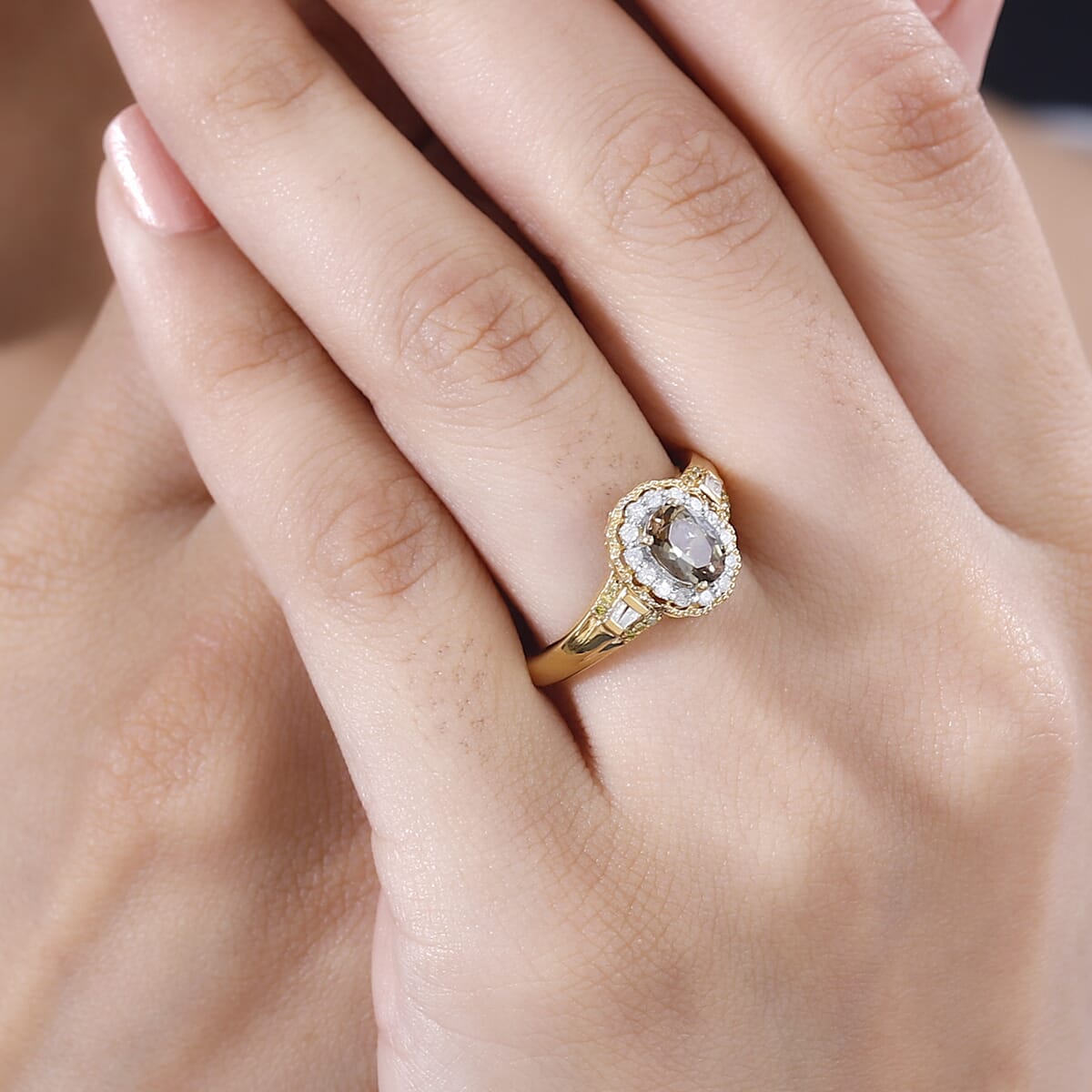 Golden Tanzanite, Yellow and White Diamond 1.00 ctw Halo Ring in 14K Vermeil Yellow Gold Over Sterling Silver (Size 7.0) image number 2