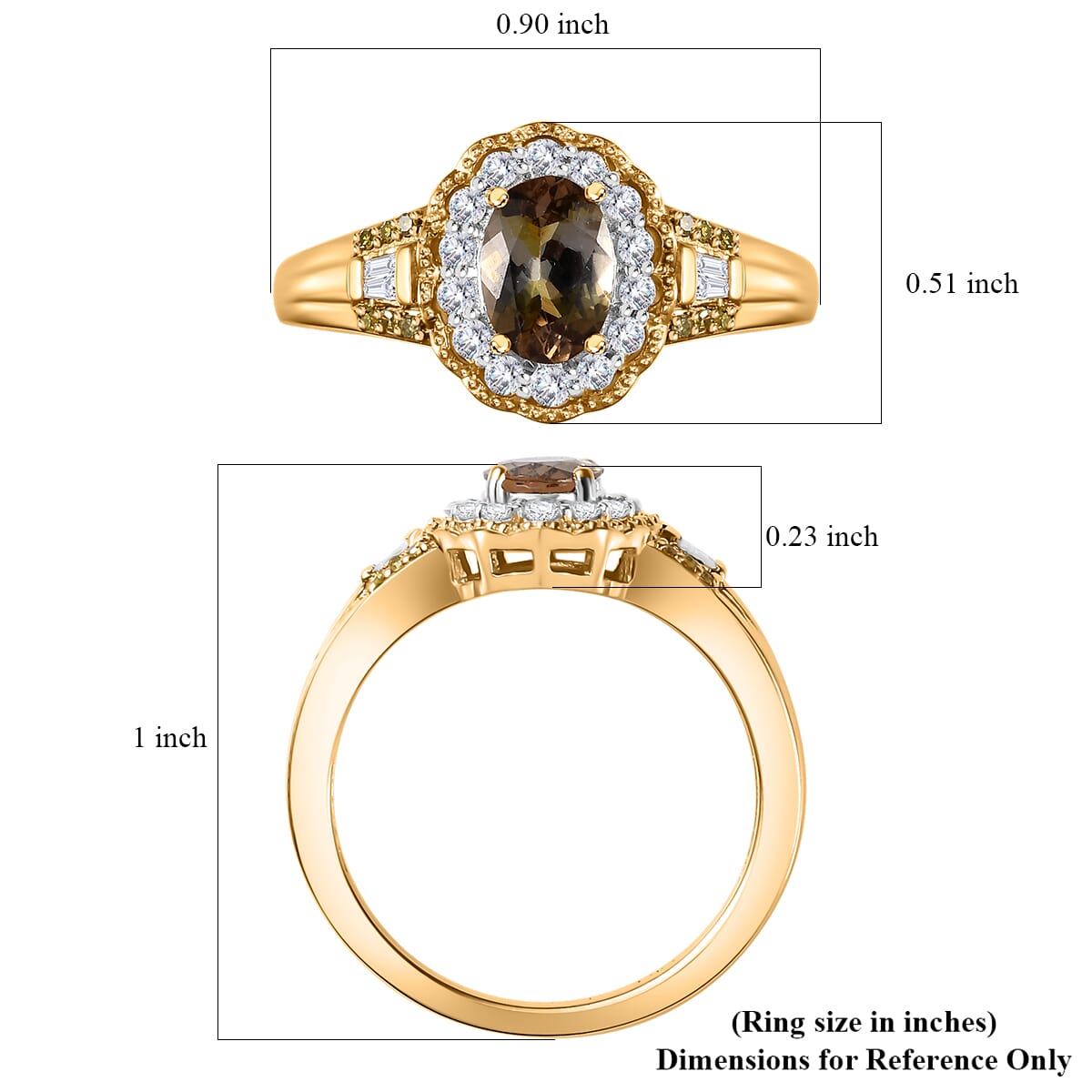Golden Tanzanite, Yellow and White Diamond 1.00 ctw Halo Ring in 14K Vermeil Yellow Gold Over Sterling Silver (Size 7.0) image number 5