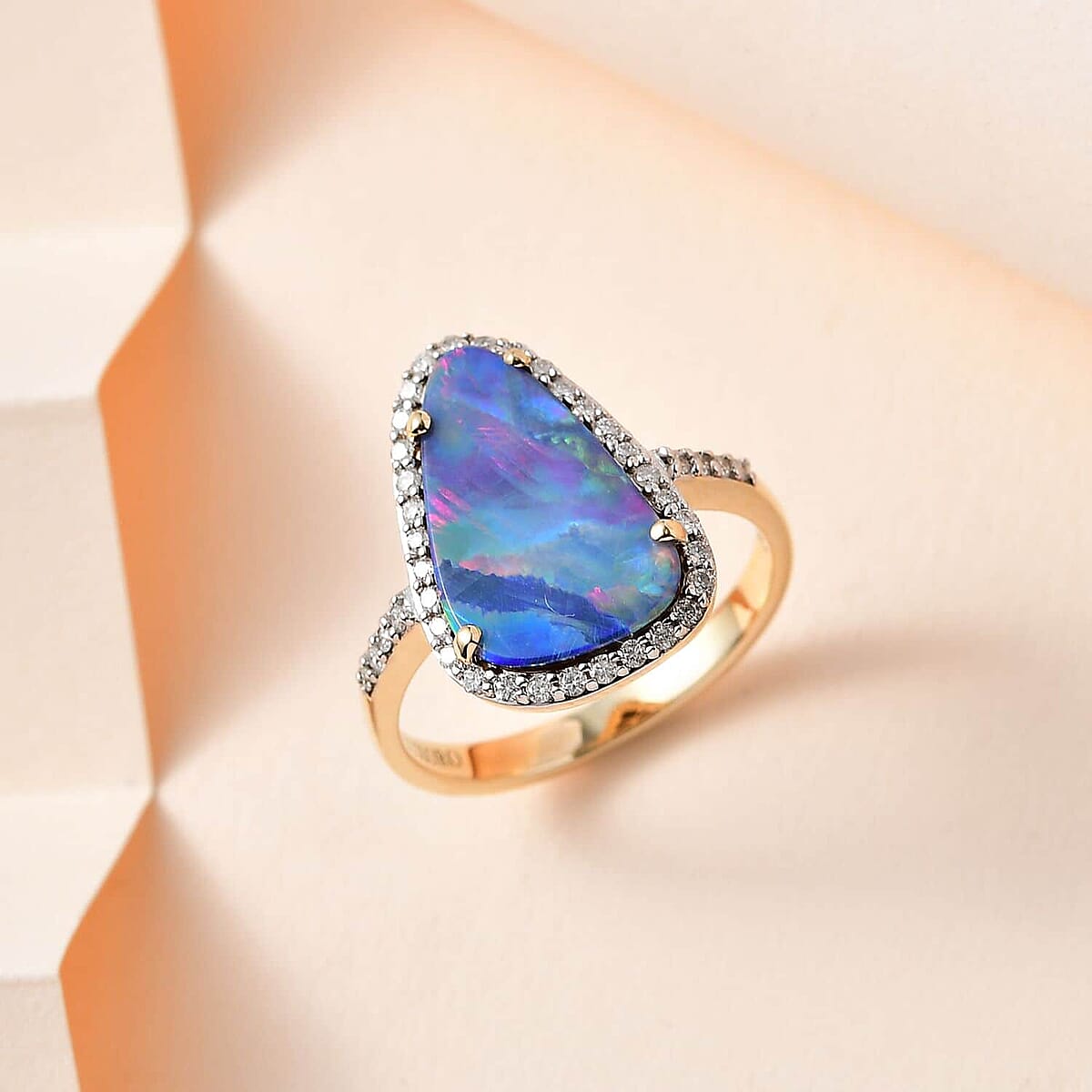 Luxoro 14K Yellow Gold Premium Boulder Opal Doublet and G-H I2 Diamond Halo Ring (Size 7.5) 3.60 ctw image number 1