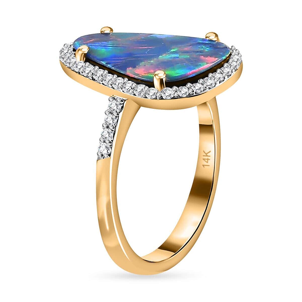 Luxoro 14K Yellow Gold Premium Boulder Opal Doublet and G-H I2 Diamond Halo Ring (Size 7.5) 3.60 ctw image number 4