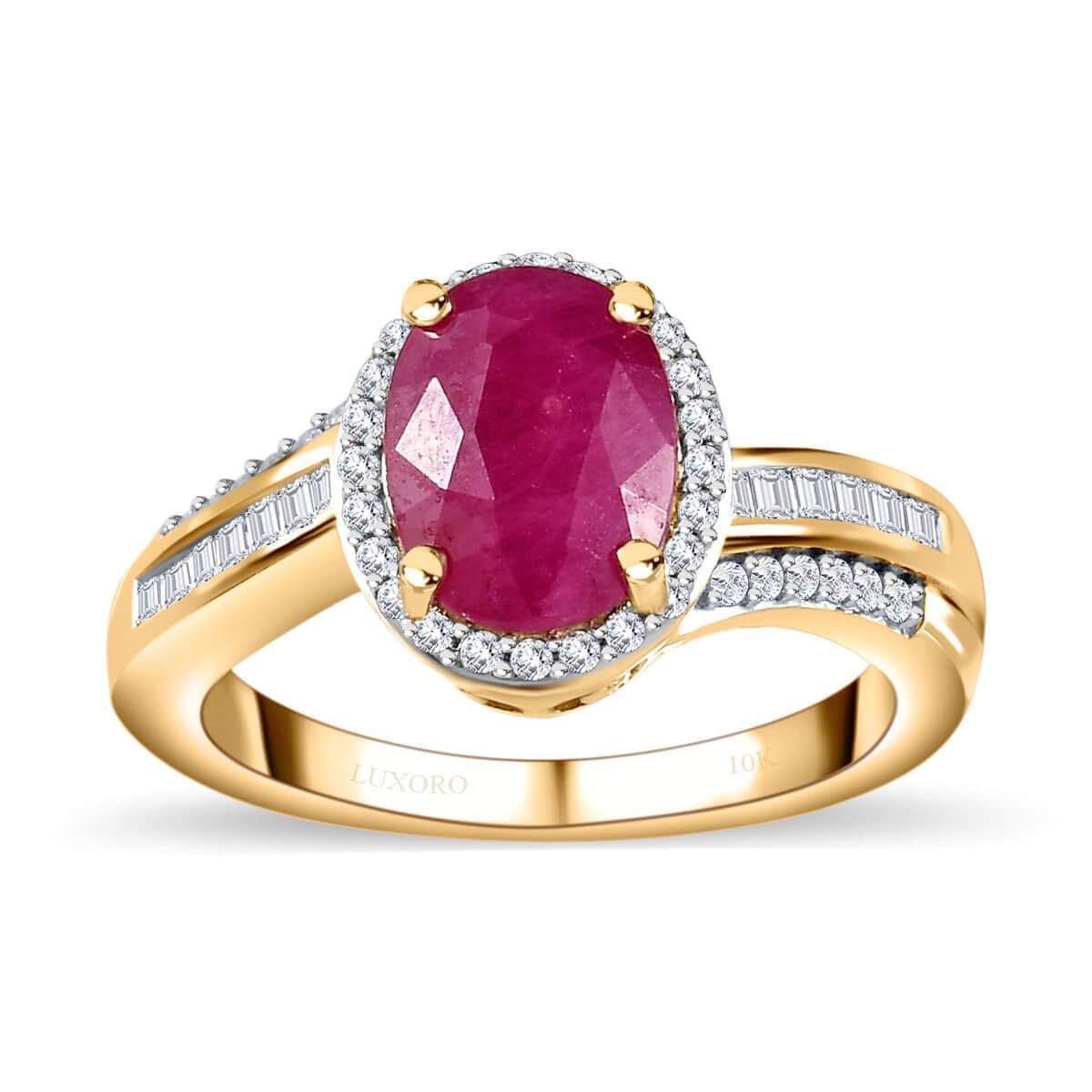 Luxoro 10K Yellow Gold Premium Montepuez Ruby and G-H I2 Diamond Bypass Halo Ring (Size 5.0) 2.50 ctw image number 0