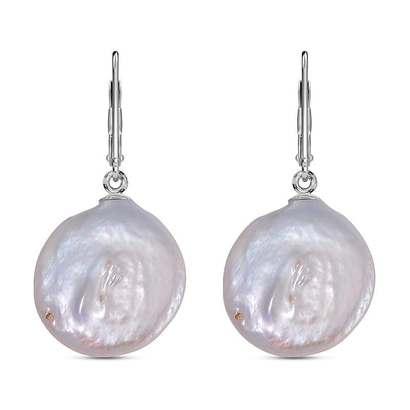 White Coin Keshi Pearl Earrings in Rhodium Over Sterling Silver