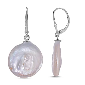 White Coin Keshi Pearl Earrings in Rhodium Over Sterling Silver