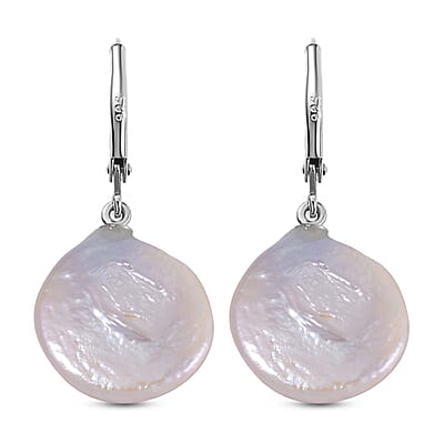 White Coin Keshi Pearl Earrings in Rhodium Over Sterling Silver
