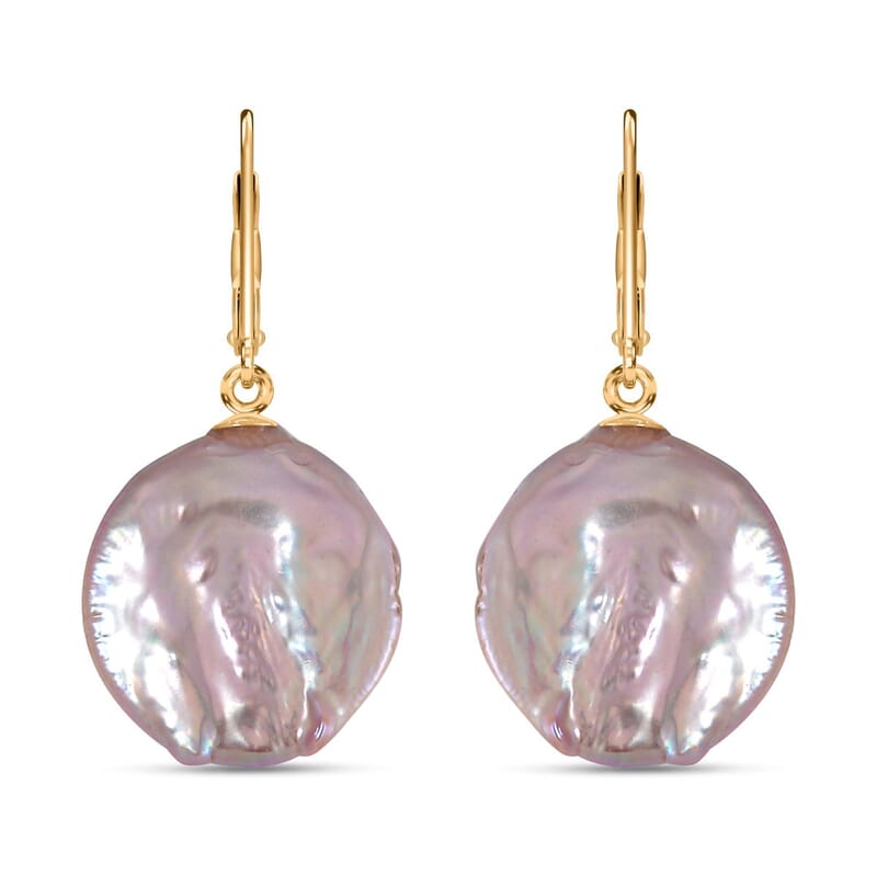 Purple Coin Keshi Pearl Earrings in 14K Yellow Gold Over Sterling Silver