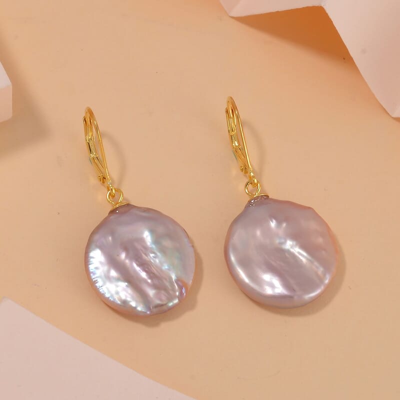 Purple Coin Keshi Pearl Earrings in 14K Yellow Gold Over Sterling Silver