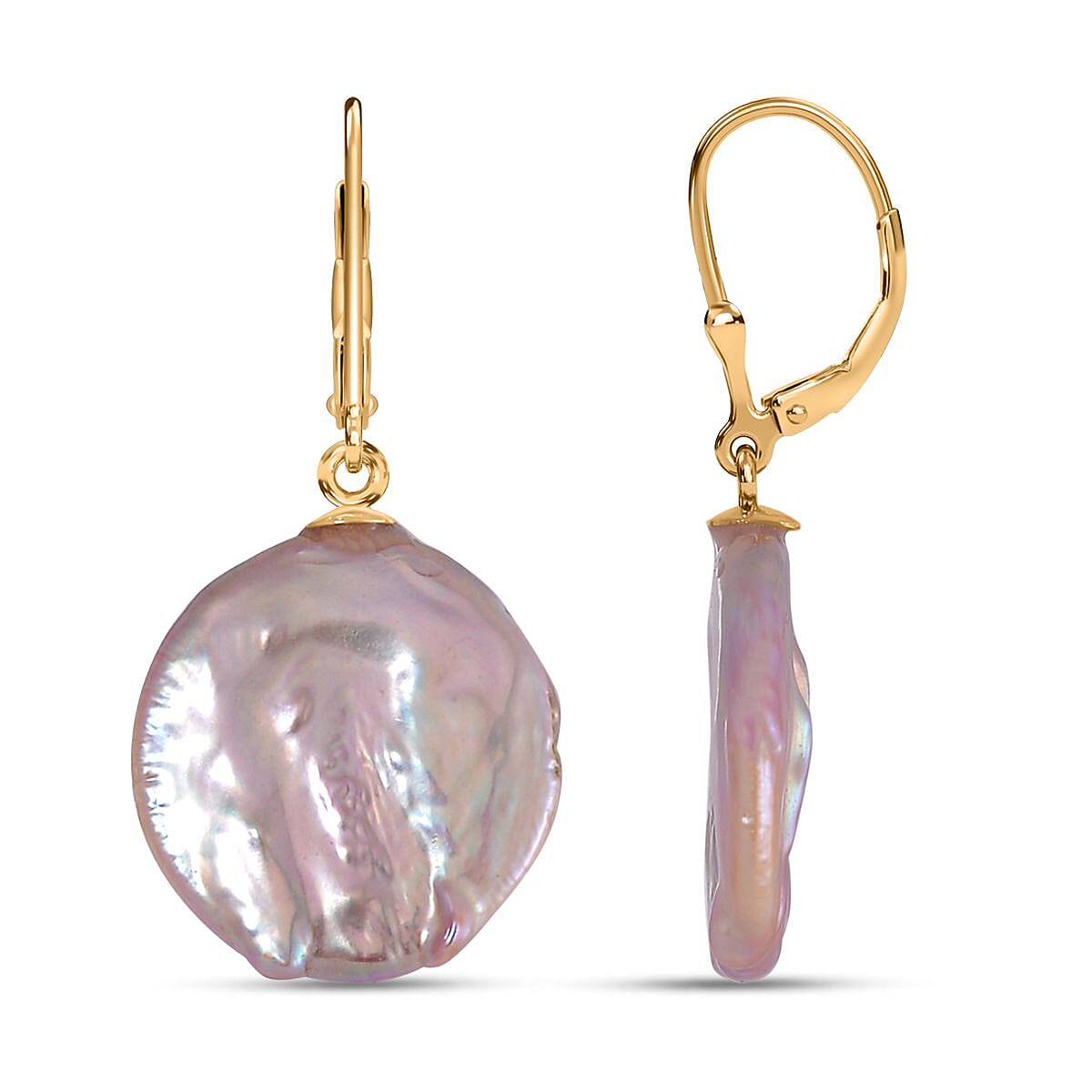 Purple Coin Keshi Pearl Earrings in 14K Yellow Gold Over Sterling Silver