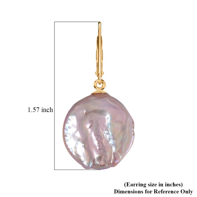 Purple Coin Keshi Pearl Earrings in 14K Yellow Gold Over Sterling Silver