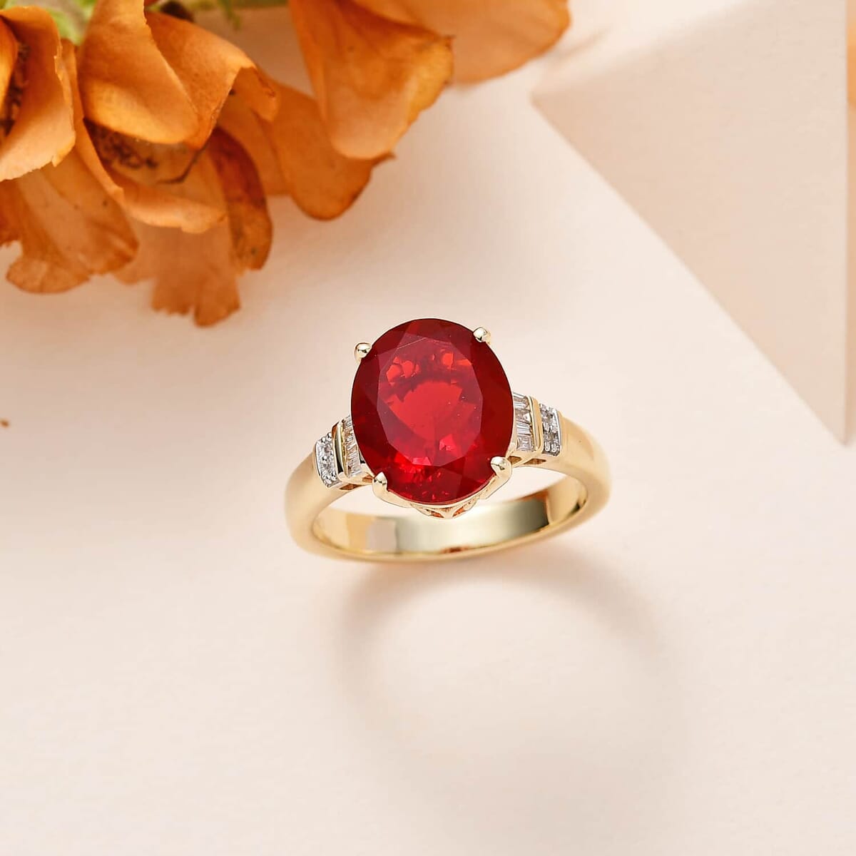 Luxoro 10K Yellow Gold Premium Crimson Fire Opal and G-H I2 Diamond Ring (Size 10.0) 4.25 Grams 3.15 ctw image number 1