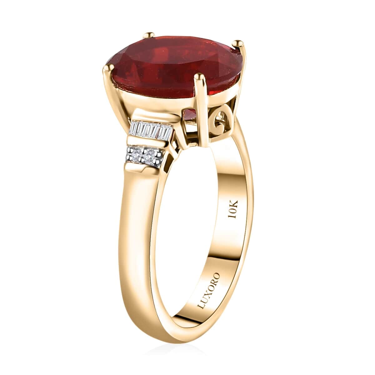 Luxoro 10K Yellow Gold Premium Crimson Fire Opal and G-H I2 Diamond Ring (Size 10.0) 4.25 Grams 3.15 ctw image number 3