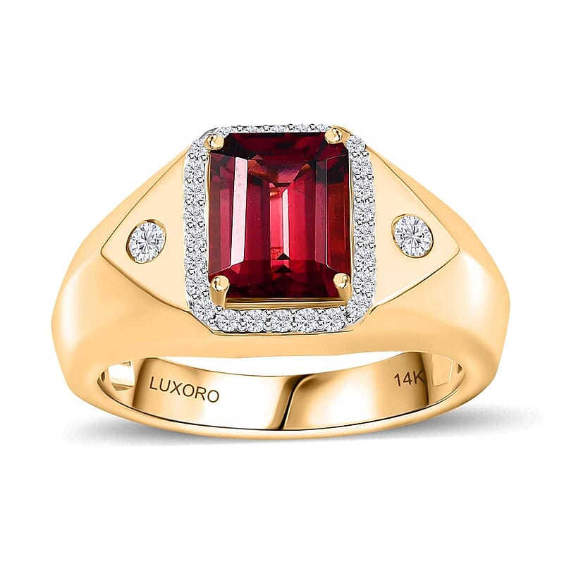 Luxoro 14K Yellow Gold AAA Ouro Fino Rubellite and G-H I2 Diamond Men's Ring (Size 7.0) 7.90 Grams 2.85 ctw