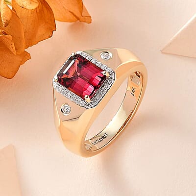 Luxoro 14K Yellow Gold AAA Ouro Fino Rubellite and G-H I2 Diamond Men's Ring (Size 7.5) 7.90 Grams 2.85 ctw