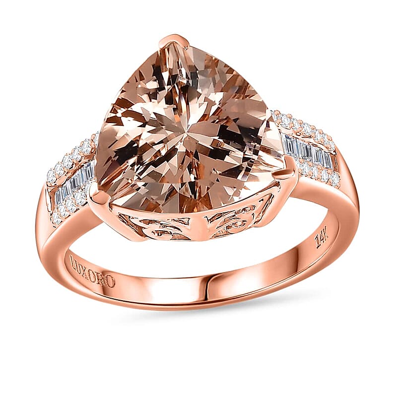 Luxoro 14K Rose Gold AAA Morganite and I2-I3  Natural Pink and White Diamond Ring (Size 8.0) 4.75 Grams 5.40 ctw