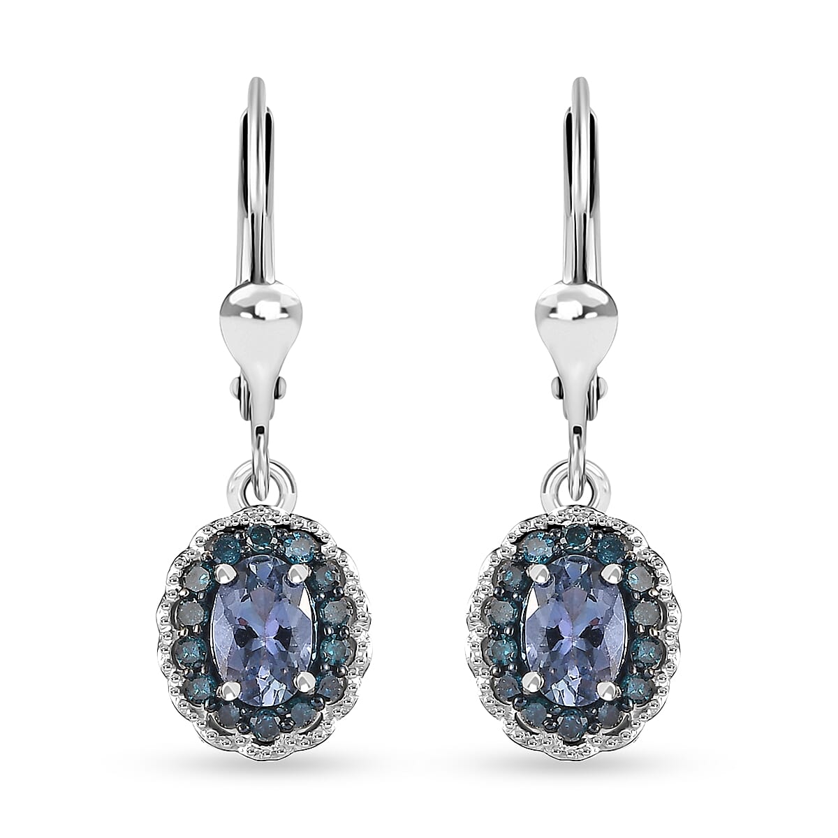 Peacock Tanzanite and Blue Diamond 1.25 ctw Halo Earrings in Platinum Over Sterling Silver