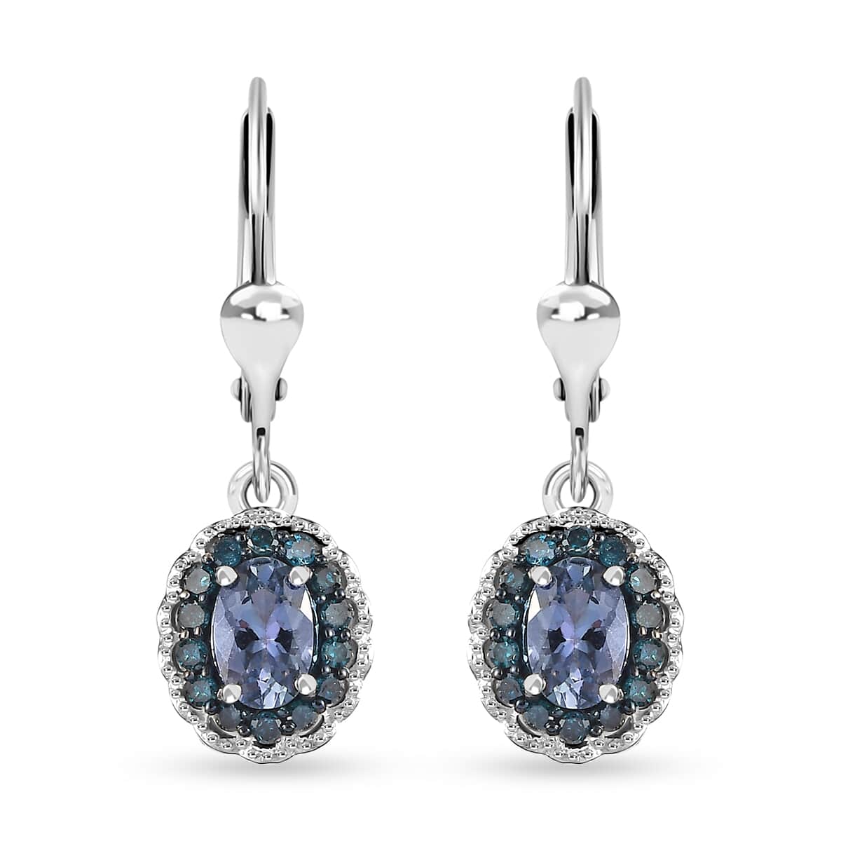 Peacock Tanzanite and Blue Diamond 1.25 ctw Halo Earrings in Platinum Over Sterling Silver image number 0