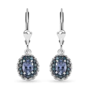 TLV Peacock Tanzanite, Blue Diamond (IR) (0.25 cts) Halo Earrings in Platinum Over Sterling Silver 1.25 ctw