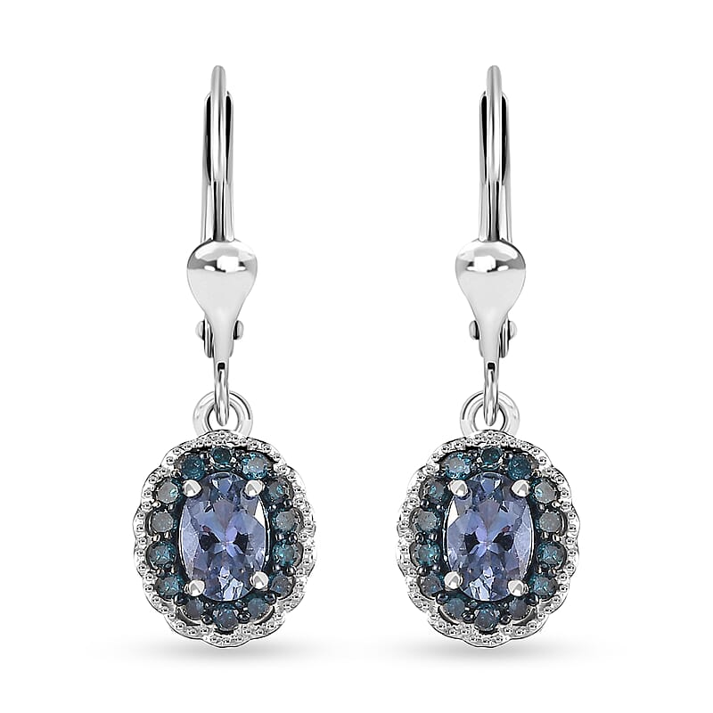 Peacock Tanzanite and Blue Diamond 1.25 ctw Halo Earrings in Platinum Over Sterling Silver