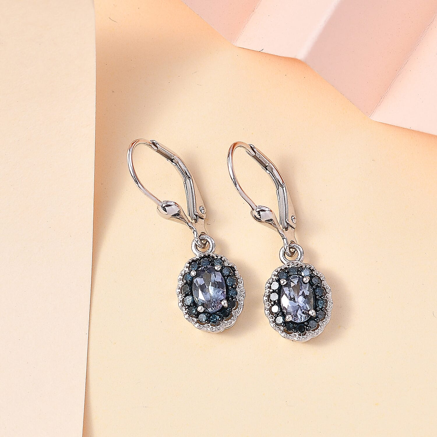 Peacock Tanzanite and Blue Diamond 1.25 ctw Halo Earrings in Platinum Over Sterling Silver