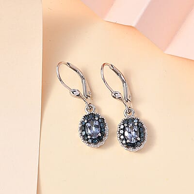 Peacock Tanzanite and Blue Diamond 1.25 ctw Halo Earrings in Platinum Over Sterling Silver
