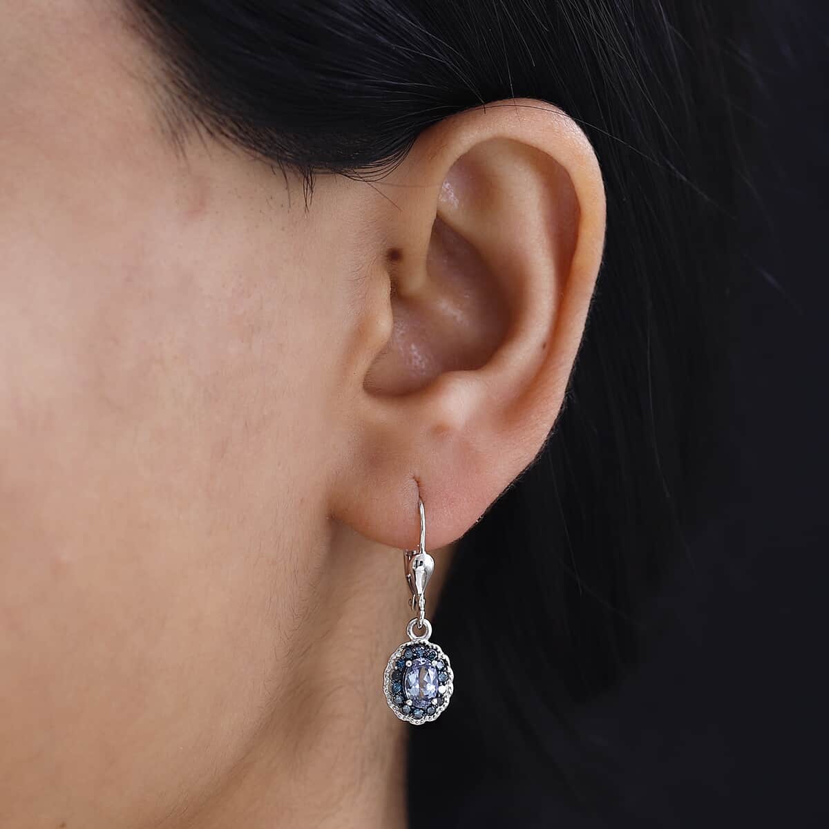 Peacock Tanzanite and Blue Diamond 1.25 ctw Halo Earrings in Platinum Over Sterling Silver image number 2