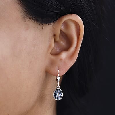 Peacock Tanzanite and Blue Diamond 1.25 ctw Halo Earrings in Platinum Over Sterling Silver