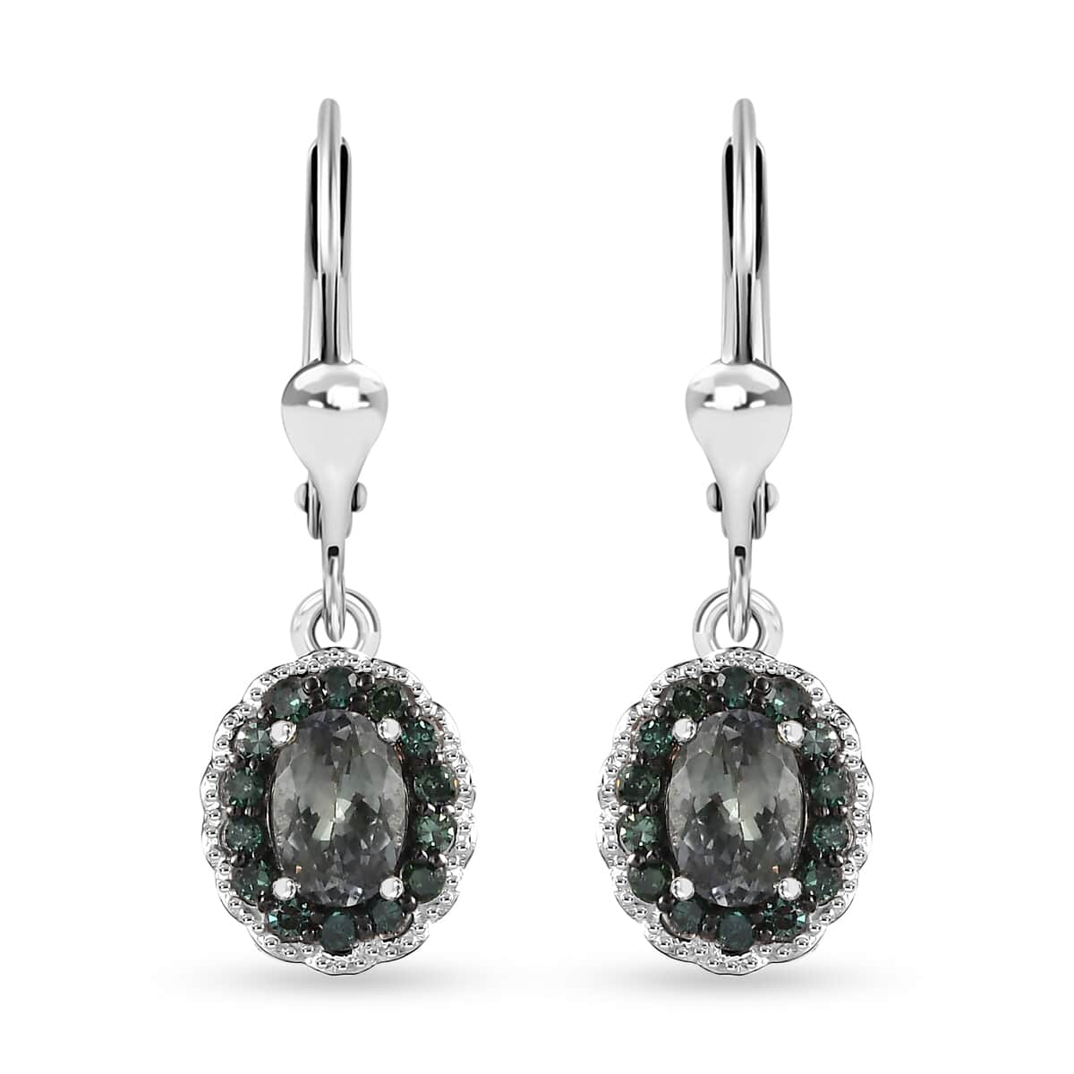 Green Tanzanite and Green Diamond 1.20 ctw Halo Earrings in Platinum Over Sterling Silver image number 0