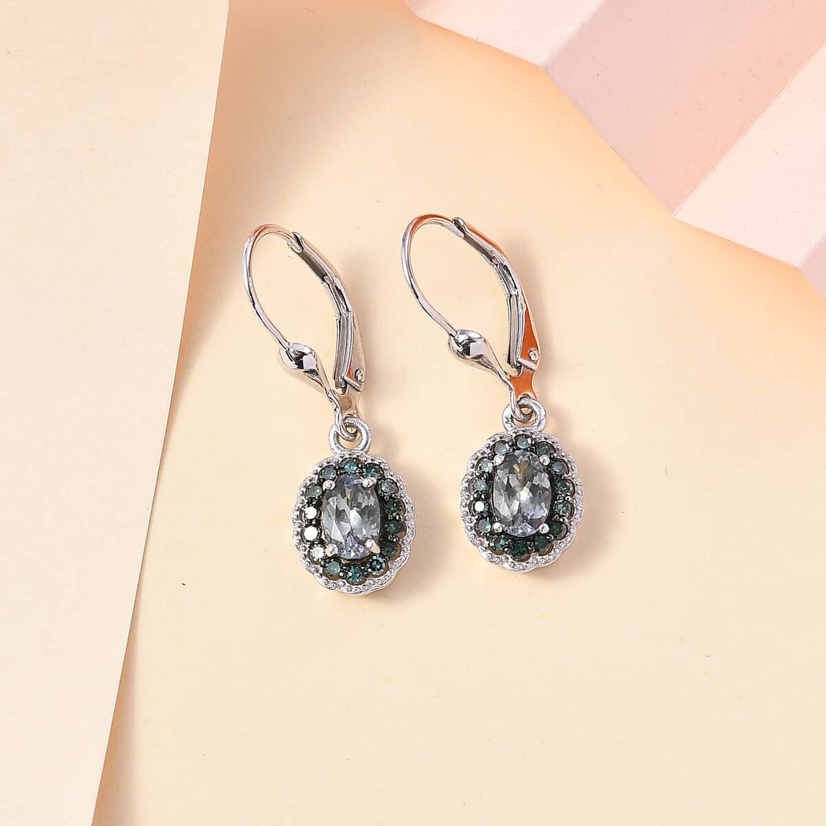 Green Tanzanite and Green Diamond 1.20 ctw Halo Earrings in Platinum Over Sterling Silver image number 1