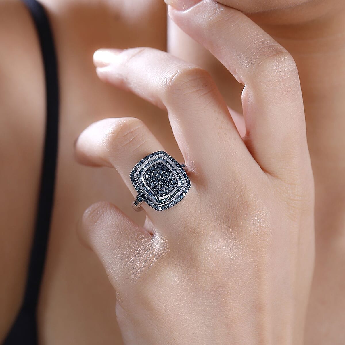 Blue Diamond 1.00 ctw Art and Deco Ring in Rhodium Over Sterling Silver (Size 9.0) image number 2