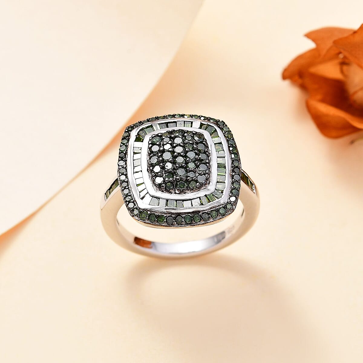 Green Diamond 1.00 ctw Art and Deco Ring in Rhodium Over Sterling Silver (Size 8.0) image number 1