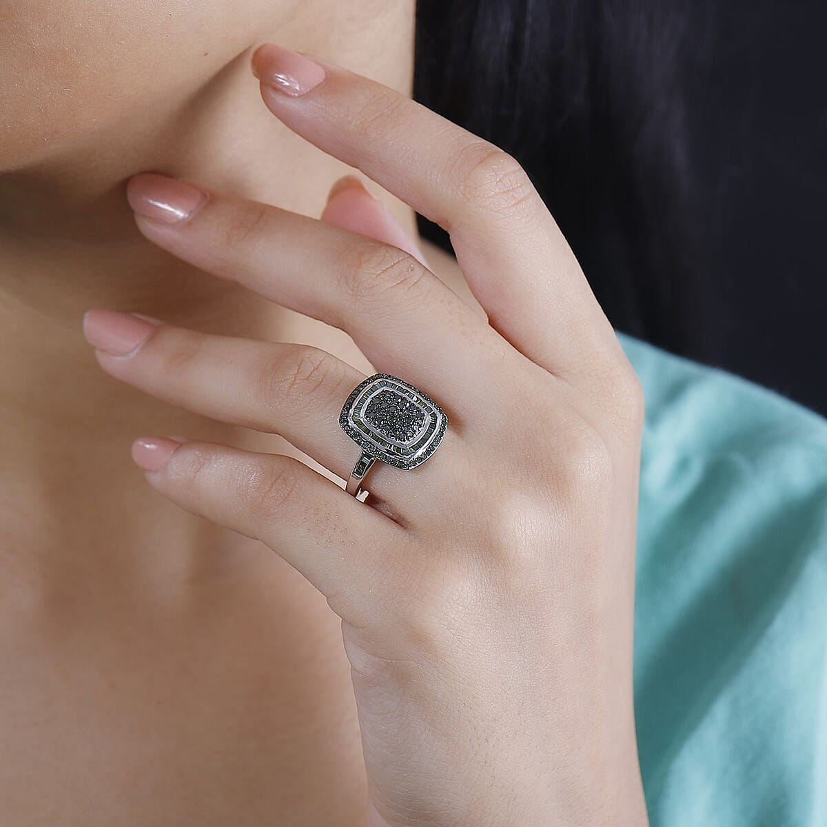 Green Diamond 1.00 ctw Art and Deco Ring in Rhodium Over Sterling Silver (Size 9.0) image number 2
