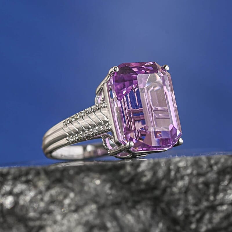 Certified & Appraised Rhapsody AAAA Patroke Kunzite and E-F VS Diamond 16.10 ctw Ring in 950 Platinum (Size 5.5) 9.85 Grams