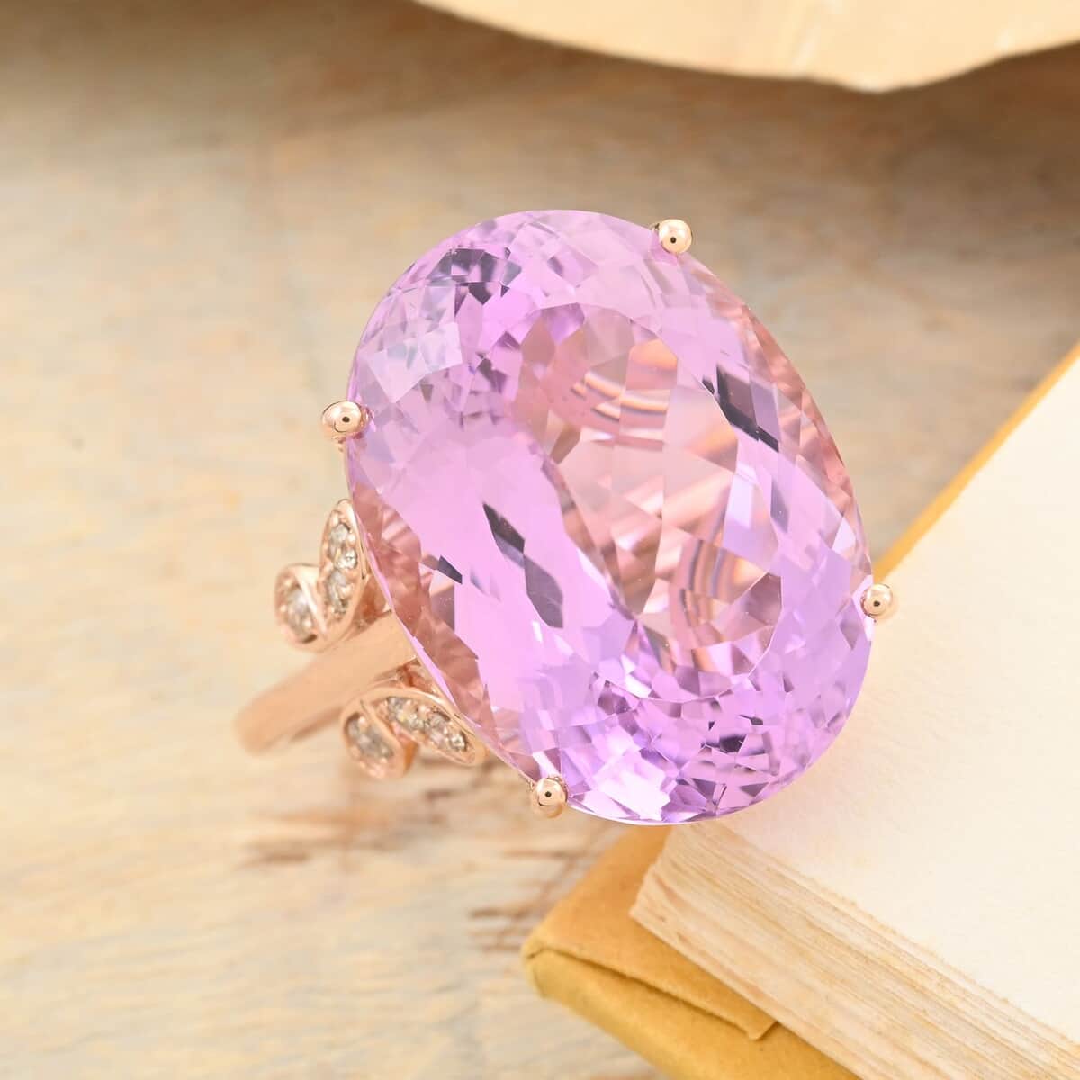 Certified & Appraised Luxoro 10K Rose Gold AAA Martha Rocha Kunzite and G-H I2 Diamond Ring 5 Grams 23.80 ctw image number 1