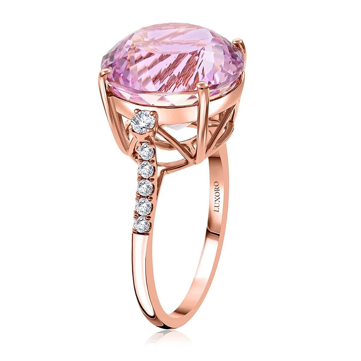 Certified & Appraised Luxoro AAA Martha Rocha Kunzite and G-H I2 Diamond 12.00 ctw Ring in 10K Rose Gold (Size 7.5) image number 3