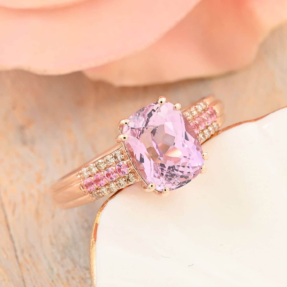 Certified & Appraised Luxoro AAA Martha Rocha Kunzite and Thai Pink Spinel and G-H I2 Diamond 3.10 ctw Ring in 10K Rose Gold (Size 7.5) image number 1